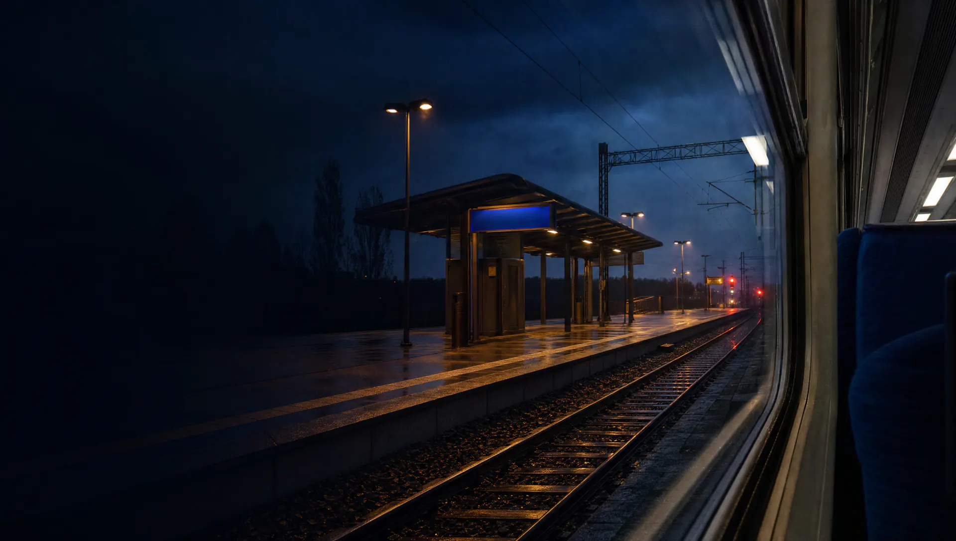 An empty rain-wet railway platform seen through a train window at blue hour